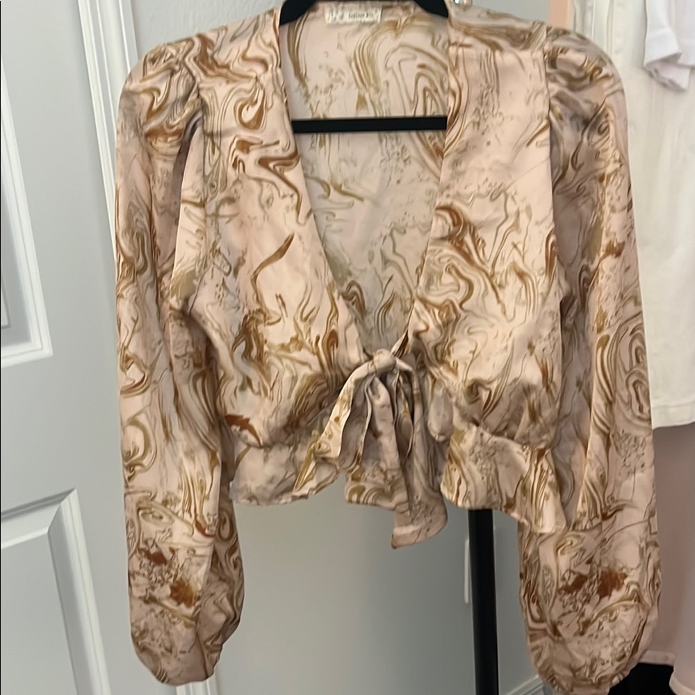 Elegant Marble Print Tie-Front Blouse
